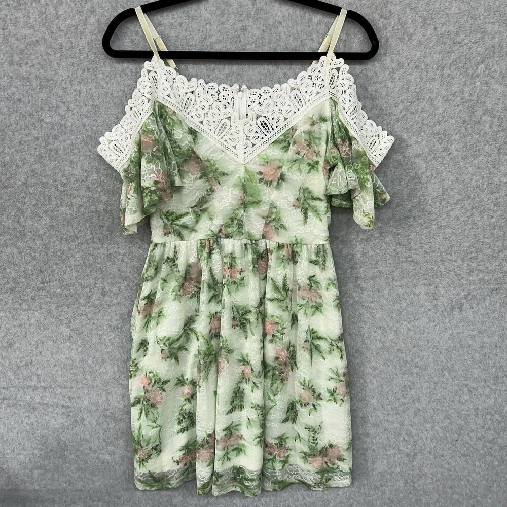 Disney Princess Juniors Dress M Green Floral Mini A-Line Cold Shoulder Crochet